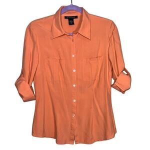 Silkland 100% Silk Light Orange Button Down Blouse Rolled Sleeves Size Medium